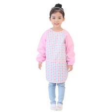 Plie 女童圖案長袖圍裙, 粉色格紋款