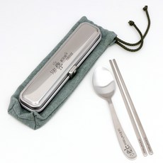 RAONNURI 攜帶式不鏽鋼餐具套組 S號, 綠色, 餐具盒+湯匙+筷子+收納袋, 1組