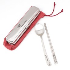 RAONNURI 攜帶式不鏽鋼餐具組 L號, 紅色, 湯匙盒+湯匙+筷子+收納袋, 1組