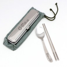 RAONNURI 三葉草印花不鏽鋼勺筷餐具組 S號, 綠色, 湯匙盒+湯匙+筷子+收納袋, 1組