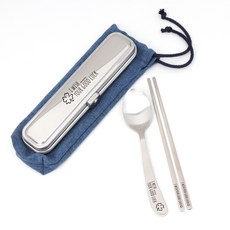 RAONNURI 三葉草印花不鏽鋼勺筷餐具組 S號, 藍色, 餐具盒+湯匙+筷子+收納袋, 1套