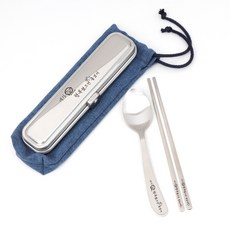 RAONNURI 韓文印花不鏽鋼勺筷餐具組 S號, 藍色, 湯匙盒+湯匙+筷子+收納袋, 1套