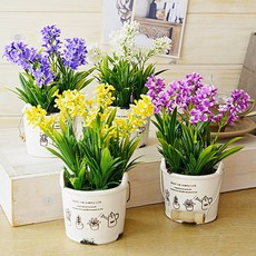 Teeseu Trading春季花園人造花 4入, 白色、黃色、紫色、藍色