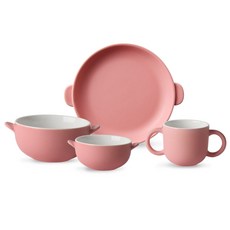 DOHO 孩童餐具組 4入, 霧面粉, 碗(S+M)+盤子+杯子