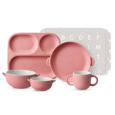 DOHO 兒童餐具9件組, 霧面粉, 飯碗 2入(S+M)+杯子+餐盤+托盤+桌墊 4入