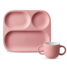 DOHO 孩童餐盤+雙柄杯, 霧面粉, 餐盤+杯子