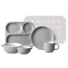 DOHO 兒童餐具9件組, 霧面灰, 飯碗 2入(S+M)+杯子+餐盤+托盤+桌墊 4入