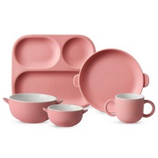 DOHO 孩童餐具組 5入, 霧面粉, 碗(S+M)+餐盤+盤子+杯子