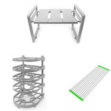 LIVING HAPPY Sinkin400 + 水槽捲簾瀝水架 10捲 綠色 + 新款平底鍋整理架, 灰色