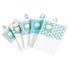 Coney Island 男童拼接圖案印花掛繩毛巾組 FR款 5入, 藍色格紋款+藍色三角形款+麋鹿款+小狗款+花朵款, 1組