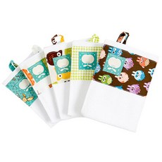 Coney Island 男童拼接圖案印花掛繩毛巾組 Cr款 5入, 小鳥款+貓頭鷹款+動物款+小兔款+綠色格紋款, 1組