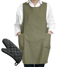 亞麻長款圍裙 卡其綠色+烤箱隔熱手套, 1套, 混色
