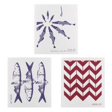 Kuu 芬蘭抹布 3 件組 Hauki 魚 + 鯡魚 + 波浪紅, 混色