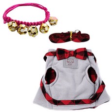 貓咪格紋胸背帶 灰色 + 繩索項圈 粉紅色 套組, 混合顏色