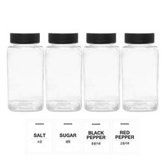 투명사각 PET 양념통 세트, 1세트, 200ml(4P) + 검정캡(4P) + 스티커(소금+설탕+후추+고춧가루)(4P)