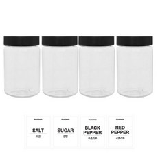 투명원형 PET 양념통세트, 1세트, 250ml(4P) + 검정캡(4P) + 스티커(소금 + 설탕 + 후추 + 고춧가루)(4P)
