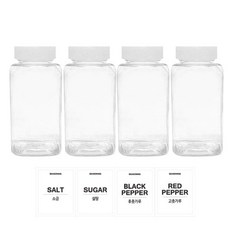 투명사각 PET 양념통 세트, 1세트, 200ml(4P) + 흰색캡(4P) + 스티커(소금+설탕+후추+고춧가루)(4P)