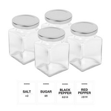 方形玻璃調味料收納罐組 200g, 1套, 玻璃調料容器4p+銀帽4p+貼紙4p（鹽+糖+胡椒粉+紅辣椒粉）