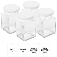 方形玻璃調味料收納罐組 200g, 1組, 玻璃調料容器4p+白帽4p+貼紙4p（鹽+糖+胡椒粉+紅辣椒粉）