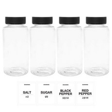 투명원형 PET 양념통세트, 1세트, 200ml(4P) + 검정캡(4P) + 스티커(소금 + 설탕 + 후추 + 고춧가루)(4P)