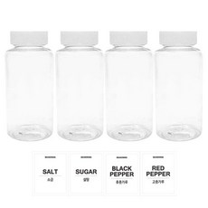 투명원형 PET 양념통세트, 1세트, 200ml(4P) + 흰색캡(4P) + 스티커(소금 + 설탕 + 후추 + 고춧가루)(4P)