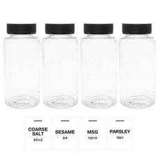 투명원형 PET 양념통세트, 1세트, 200ml(4P) + 검정캡(4P) + 스티커(굵은소금 + 참깨 + 마법가루 + 파슬리)(4P)