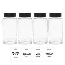 투명사각 PET 양념통 세트, 1세트, 200ml(4P) + 검정캡(4P) + 스티커(굵은소금+참깨+마법가루+파슬리)(4P)