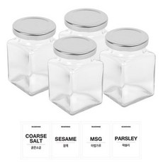 홈앤라이프 유리 양념통 사각 200g 세트, 1세트, 유리병 4p + 실버캡 4p + 스티커 4p