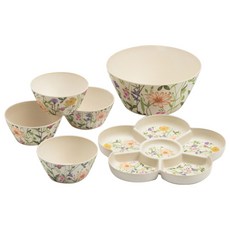 COOKIE BROWN 竹生態沙拉碗圓形套組小花卉圖案, 1套, 大碗+小碗4p+點心盤