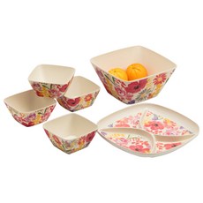 COOKIE BROWN 花卉圖案方形沙拉碗, 1套, 大碗+小碗4p+點心盤