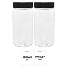 투명 PET 양념통 검정캡 세트, 1세트, 양념통 원형 350ml(2P) + 투명스티커 (참깨 + 파슬리)