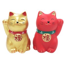 Maneki-neko 大阪貓咪雕像 2入, 金色 + 紅色