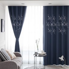 L&Room 星星印花遮光窗簾 2入+窗簾繩+窗簾繩掛勾, 海軍