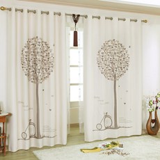 L&Room 愛心樹印花遮光窗簾 2入+窗簾繩+窗簾環, 淺褐色的