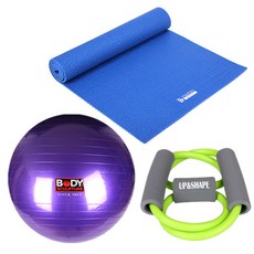 업앤쉐이프 홈트레이닝 3종 세트, 짐볼(보라색), 튜빙밴드(그린), 요가매트(파랑)