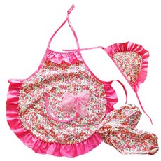 Yein Mom 女童花朵圖案荷葉邊連身圍裙+頭巾+袖套