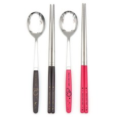 RAONNURI Pick Me 彩色情侶餐具組 貓咪, 1套, 湯匙 2p + 筷子 2p, 巧克力色R + 亮粉色L