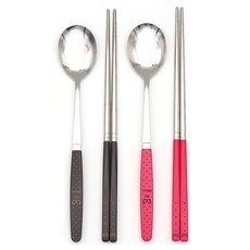 RAONNURI Pick Me 彩色情侶餐具組 天使點點, 1套, 湯匙 2p + 筷子 2p, 巧克力 + 亮粉紅