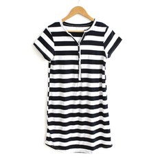 Motherlike 孕婦Y領鈕扣條紋短袖連身裙