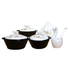 LKmade 韓式傳統雙耳陶瓷砂鍋+田園沙拉印花鍋蓋組 3款+隔熱墊+天鵝湯匙架+湯匙, 1套