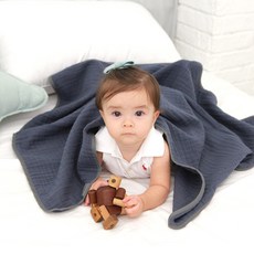 bebe chouette 孩童用3層厚紗布毯, 深海軍藍