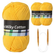 브랜드얀 밀키코튼 별무늬 목도리 DIY 뜨개실 3p + 고급 흑대바늘 3.5mm, 20노랑, 1세트