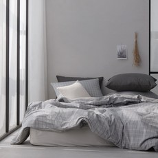 CléMENCE 格紋床墊套+被套+枕頭套, 灰色+深灰色