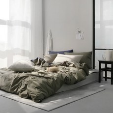 CléMENCE 復古素色被套+枕頭套, 卡其色+海軍