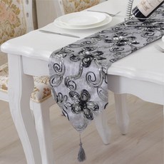 ECODY 花朵圖案刺繡桌布, 灰色, 28 x 180 厘米