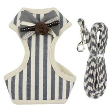 寵物蝴蝶結花朵條紋胸背帶組, 灰色(S), 1套