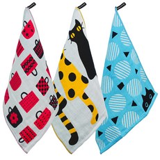 YOU HOUSE 北歐風印花廚房毛巾3件組, 三酮黃，購物袋，圈貓天空, 1套