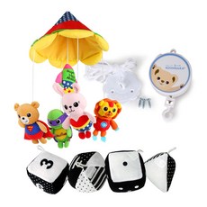 KOOMNARA 夢境超級英雄床鈴玩偶+黑白骰子床鈴玩偶+手動音樂盒, 混色