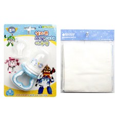 로보카폴리 실리콘 과일 야채 이유망 + 유아 손수건 5p, 블루, 화이트, 1세트