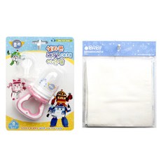 로보카폴리 실리콘 과일 야채 이유망 + 유아 손수건 5p, 핑크, 화이트, 1세트